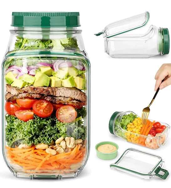 Portable salad container jar with dressing cup product view 1