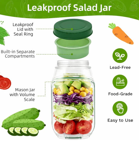 Portable salad container jar with dressing cup product view 3
